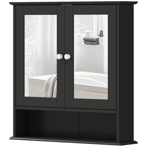 Armário de banheiro com espelho, armário de parede com 2 portas, prateleira aberta, prateleira ajustável, 56x13x58cm, preto Armário de banheiro com espelho, armário de parede com 2 portas, prateleira aberta, prateleira ajustável, 56x13x58cm, preto
