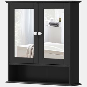 Armário de banheiro com espelho, armário de parede com 2 portas, prateleira aberta, prateleira ajustável, 56x13x58cm, preto