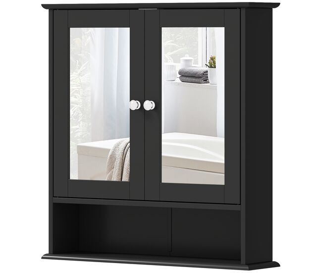 Armario de baño con espejo armario de pared con 2 puertas estante abierto estante ajustable 56x13x58cm negro
