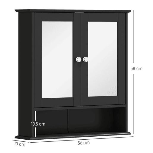 Armário de banheiro com espelho, armário de parede com 2 portas, prateleira aberta, prateleira ajustável, 56x13x58cm, preto Armário de banheiro com espelho, armário de parede com 2 portas, prateleira aberta, prateleira ajustável, 56x13x58cm, preto