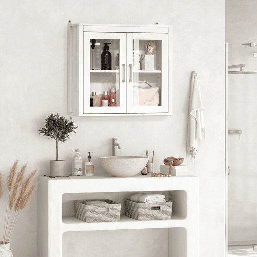 Armário de banheiro suspenso com portas de vidro e prateleira ajustável, móvel moderno para pendurar, 60x19,5x54 cm, branco Armário de banheiro suspenso com portas de vidro e prateleira ajustável, móvel moderno para pendurar, 60x19,5x54 cm, branco