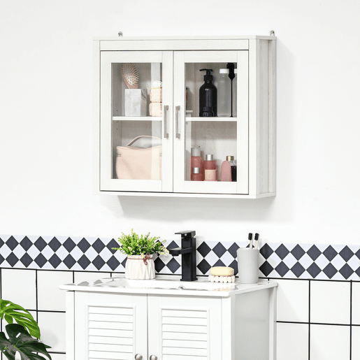 Armário de banheiro suspenso com portas de vidro e prateleira ajustável, móvel moderno para pendurar, 60x19,5x54 cm, branco Armário de banheiro suspenso com portas de vidro e prateleira ajustável, móvel moderno para pendurar, 60x19,5x54 cm, branco