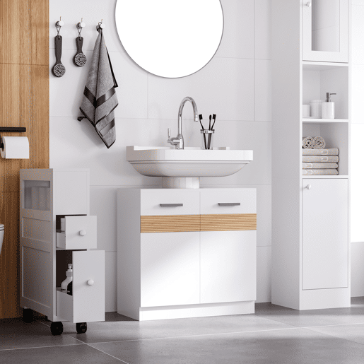 Armário de banheiro para pia, unidade de chão em madeira com 2 portas e prateleira interna, estilo moderno, 60x30x60,5 cm, branco Armário de banheiro para pia, unidade de chão em madeira com 2 portas e prateleira interna, estilo moderno, 60x30x60,5 cm, branco