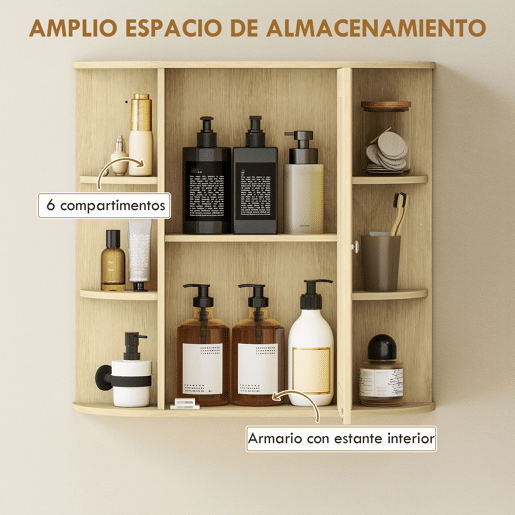 Armário de banheiro com espelho, armário de parede com prateleiras abertas, 66x17x63 cm, natural Armário de banheiro com espelho, armário de parede com prateleiras abertas, 66x17x63 cm, natural