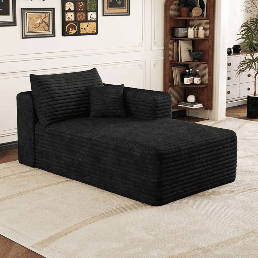Módulo de sofá com chaise longue 151 x 90 cm - estofo em veludo cotelê, assento individual, design moderno - preto Módulo de sofá com chaise longue 151 x 90 cm - estofo em veludo cotelê, assento individual, design moderno - preto