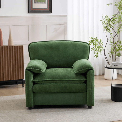 Sofá relax de 1 lugar - estilo retro com bolsos laterais para arrumação e design simples - verde