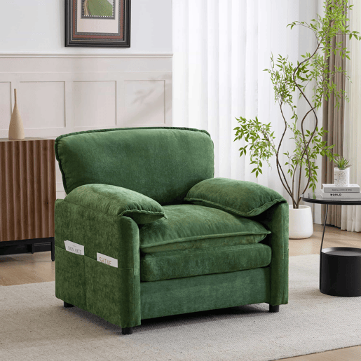 Sofá relax de 1 lugar - estilo retro com bolsos laterais para arrumação e design simples - verde