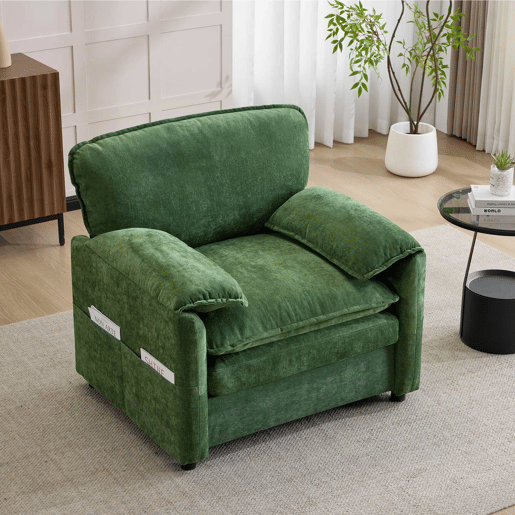 Sofá relax de 1 lugar - estilo retro com bolsos laterais para arrumação e design simples - verde