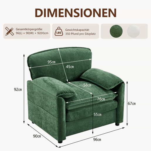 Sofá relax de 1 lugar - estilo retro com bolsos laterais para arrumação e design simples - verde