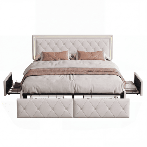 Cama de casal 140x200 cm, cabeceira com LED, cama estofada com 4 gavetas, cama com estrado de ripas e estrutura metálica, cama estofada com cabeceira regulável em altura, PU, u200Bu200Bu200Bu200Bcinza Cama de casal 140x200 cm, cabeceira com LED, cama estofada com 4 gavetas, cama com estrado de ripas e estrutura metálica, cama estofada com cabeceira regulável em altura, PU, u200Bu200Bu200Bu200Bcinza