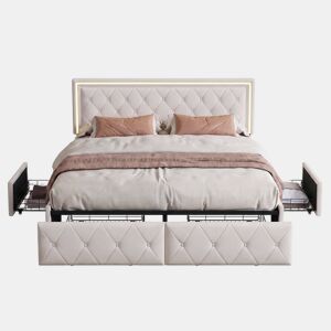 Cama de casal 140x200 cm, cabeceira com LED, cama estofada com 4 gavetas, cama com estrado de ripas e estrutura metálica, cama estofada com cabeceira regulável em altura, PU, u200Bu200Bu200Bu200Bcinza