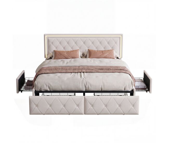 Cama doble 140x200 cm, cabecero LED, cama tapizada con 4 cajones, cama con somier de láminas y estructura de metal, cama tapizada con cabecero regulable en altura, PU, gris