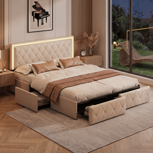 Cama de casal 140x200 cm, cabeceira com LED, cama estofada com 4 gavetas, cama com estrado de ripas e estrutura metálica, cama estofada com cabeceira regulável em altura, PU, u200Bu200Bu200Bu200Bcinza Cama de casal 140x200 cm, cabeceira com LED, cama estofada com 4 gavetas, cama com estrado de ripas e estrutura metálica, cama estofada com cabeceira regulável em altura, PU, u200Bu200Bu200Bu200Bcinza
