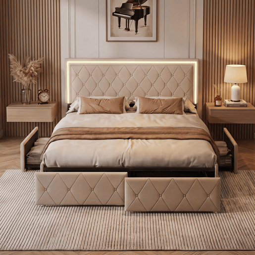Cama de casal 140x200 cm, cabeceira com LED, cama estofada com 4 gavetas, cama com estrado de ripas e estrutura metálica, cama estofada com cabeceira regulável em altura, PU, u200Bu200Bu200Bu200Bcinza Cama de casal 140x200 cm, cabeceira com LED, cama estofada com 4 gavetas, cama com estrado de ripas e estrutura metálica, cama estofada com cabeceira regulável em altura, PU, u200Bu200Bu200Bu200Bcinza