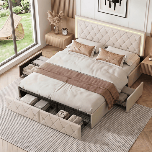 Cama de casal 140x200 cm, cabeceira com LED, cama estofada com 4 gavetas, cama com estrado de ripas e estrutura metálica, cama estofada com cabeceira regulável em altura, PU, u200Bu200Bu200Bu200Bcinza Cama de casal 140x200 cm, cabeceira com LED, cama estofada com 4 gavetas, cama com estrado de ripas e estrutura metálica, cama estofada com cabeceira regulável em altura, PU, u200Bu200Bu200Bu200Bcinza