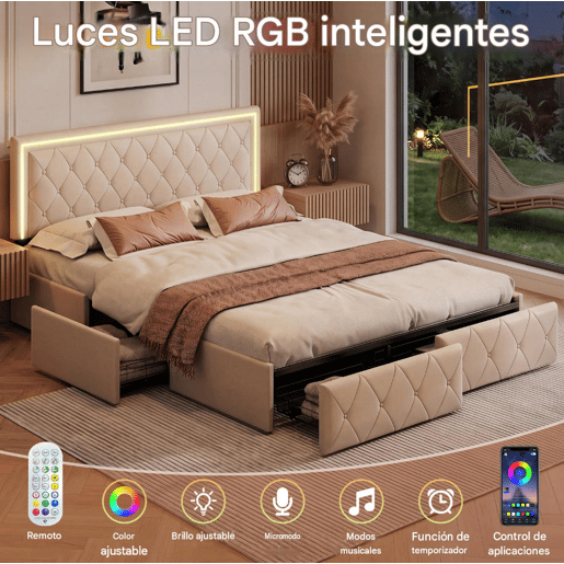 Cama de casal 140x200 cm, cabeceira com LED, cama estofada com 4 gavetas, cama com estrado de ripas e estrutura metálica, cama estofada com cabeceira regulável em altura, PU, u200Bu200Bu200Bu200Bcinza Cama de casal 140x200 cm, cabeceira com LED, cama estofada com 4 gavetas, cama com estrado de ripas e estrutura metálica, cama estofada com cabeceira regulável em altura, PU, u200Bu200Bu200Bu200Bcinza