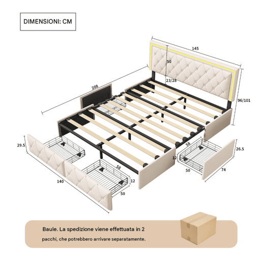 Cama de casal 140x200 cm, cabeceira com LED, cama estofada com 4 gavetas, cama com estrado de ripas e estrutura metálica, cama estofada com cabeceira regulável em altura, PU, u200Bu200Bu200Bu200Bcinza Cama de casal 140x200 cm, cabeceira com LED, cama estofada com 4 gavetas, cama com estrado de ripas e estrutura metálica, cama estofada com cabeceira regulável em altura, PU, u200Bu200Bu200Bu200Bcinza