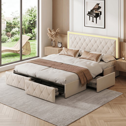 Cama de casal 140x200 cm, cabeceira com LED, cama estofada com 4 gavetas, cama com estrado de ripas e estrutura metálica, cama estofada com cabeceira regulável em altura, PU, u200Bu200Bu200Bu200Bcinza Cama de casal 140x200 cm, cabeceira com LED, cama estofada com 4 gavetas, cama com estrado de ripas e estrutura metálica, cama estofada com cabeceira regulável em altura, PU, u200Bu200Bu200Bu200Bcinza
