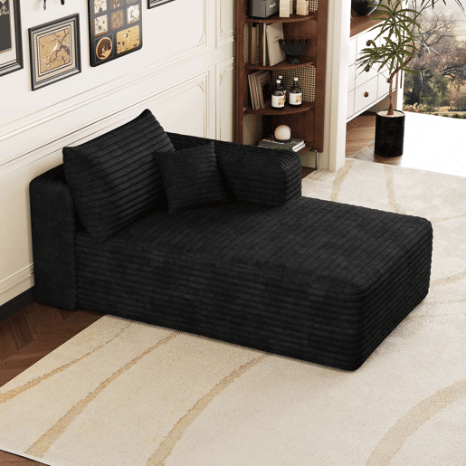 Módulo de sofá com chaise longue 151 x 90 cm - estofo em veludo cotelê, assento individual, design moderno - preto