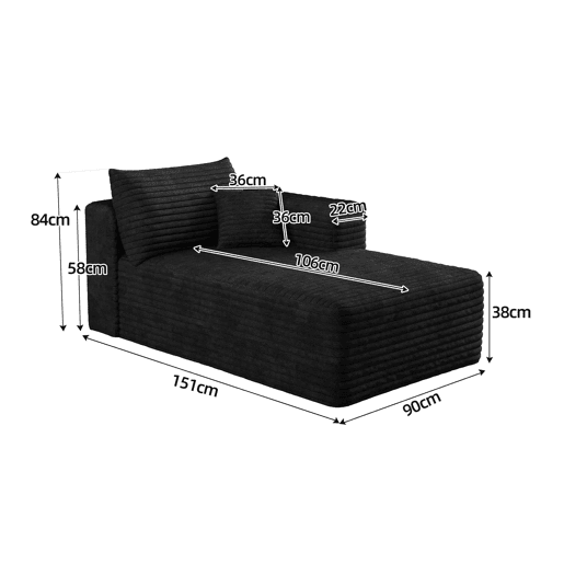 Módulo de sofá com chaise longue 151 x 90 cm - estofo em veludo cotelê, assento individual, design moderno - preto