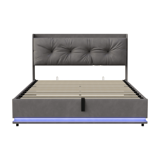Cama estofada de casal em veludo cinza, 140x190 cm, com base hidráulica, espaço de armazenamento com portas USB e Tipo-C, iluminação LED RGB com controle remoto e estrado de ripas. Cama estofada de casal em veludo cinza, 140x190 cm, com base hidráulica, espaço de armazenamento com portas USB e Tipo-C, iluminação LED RGB com controle remoto e estrado de ripas.