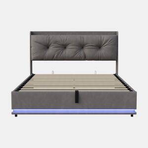 Cama estofada de casal em veludo cinza, 140x190 cm, com base hidráulica, espaço de armazenamento com portas USB e Tipo-C, iluminação LED RGB com controle remoto e estrado de ripas.