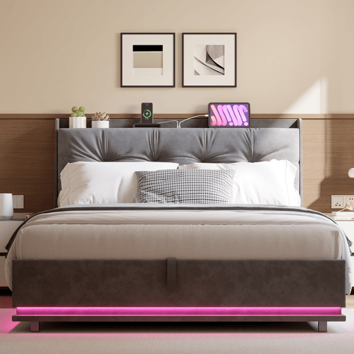 Cama estofada de casal em veludo cinza, 140x190 cm, com base hidráulica, espaço de armazenamento com portas USB e Tipo-C, iluminação LED RGB com controle remoto e estrado de ripas. Cama estofada de casal em veludo cinza, 140x190 cm, com base hidráulica, espaço de armazenamento com portas USB e Tipo-C, iluminação LED RGB com controle remoto e estrado de ripas.