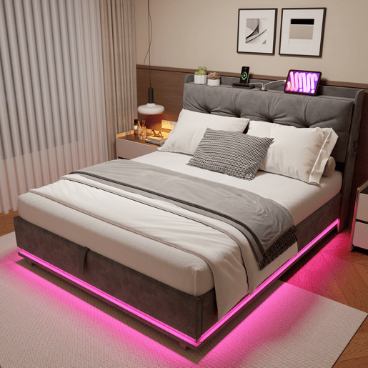 Cama estofada de casal em veludo cinza, 140x190 cm, com base hidráulica, espaço de armazenamento com portas USB e Tipo-C, iluminação LED RGB com controle remoto e estrado de ripas. Cama estofada de casal em veludo cinza, 140x190 cm, com base hidráulica, espaço de armazenamento com portas USB e Tipo-C, iluminação LED RGB com controle remoto e estrado de ripas.