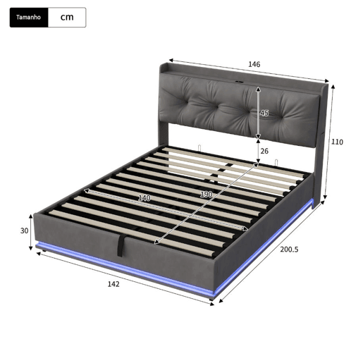 Cama estofada de casal em veludo cinza, 140x190 cm, com base hidráulica, espaço de armazenamento com portas USB e Tipo-C, iluminação LED RGB com controle remoto e estrado de ripas. Cama estofada de casal em veludo cinza, 140x190 cm, com base hidráulica, espaço de armazenamento com portas USB e Tipo-C, iluminação LED RGB com controle remoto e estrado de ripas.