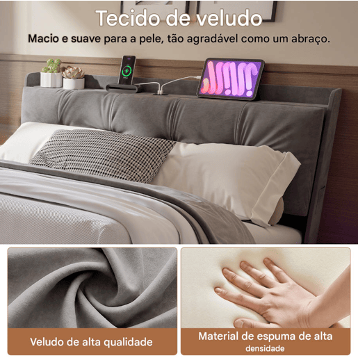 Cama estofada de casal em veludo cinza, 140x190 cm, com base hidráulica, espaço de armazenamento com portas USB e Tipo-C, iluminação LED RGB com controle remoto e estrado de ripas. Cama estofada de casal em veludo cinza, 140x190 cm, com base hidráulica, espaço de armazenamento com portas USB e Tipo-C, iluminação LED RGB com controle remoto e estrado de ripas.