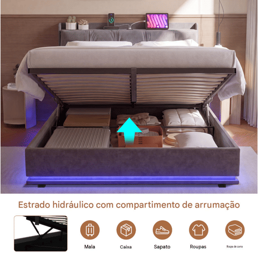 Cama estofada de casal em veludo cinza, 140x190 cm, com base hidráulica, espaço de armazenamento com portas USB e Tipo-C, iluminação LED RGB com controle remoto e estrado de ripas. Cama estofada de casal em veludo cinza, 140x190 cm, com base hidráulica, espaço de armazenamento com portas USB e Tipo-C, iluminação LED RGB com controle remoto e estrado de ripas.