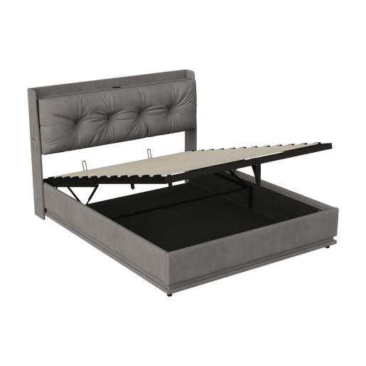 Cama estofada de casal em veludo cinza, 140x190 cm, com base hidráulica, espaço de armazenamento com portas USB e Tipo-C, iluminação LED RGB com controle remoto e estrado de ripas. Cama estofada de casal em veludo cinza, 140x190 cm, com base hidráulica, espaço de armazenamento com portas USB e Tipo-C, iluminação LED RGB com controle remoto e estrado de ripas.
