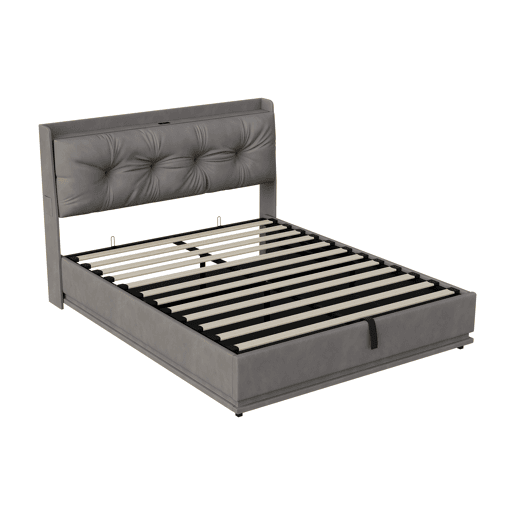 Cama estofada de casal em veludo cinza, 140x190 cm, com base hidráulica, espaço de armazenamento com portas USB e Tipo-C, iluminação LED RGB com controle remoto e estrado de ripas. Cama estofada de casal em veludo cinza, 140x190 cm, com base hidráulica, espaço de armazenamento com portas USB e Tipo-C, iluminação LED RGB com controle remoto e estrado de ripas.