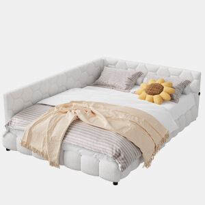 Cama de casal estofada de 140 x 200 cm com entrada para carregamento USB e iluminação LED para adolescentes e adultos, branca.