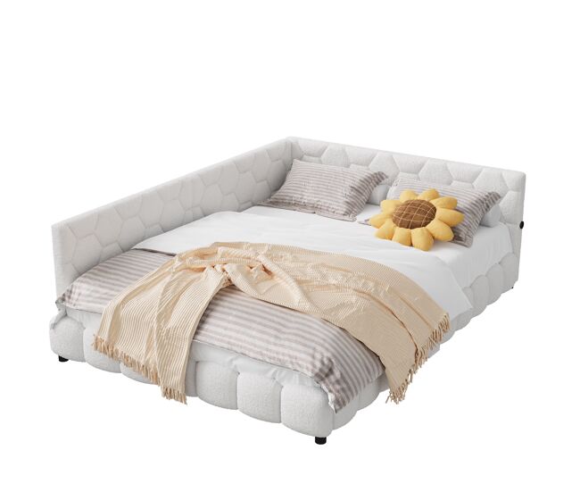 Cama doble tapizada de 140 x 200 cm con puerto de carga usb e iluminación led para adolescentes y adultos. color blanco.