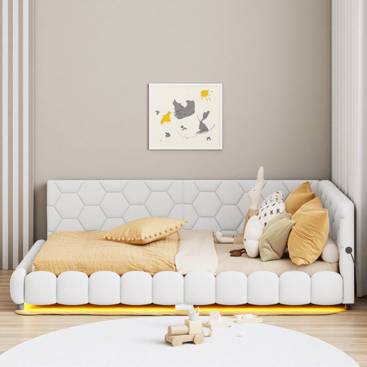 Cama de casal estofada de 140 x 200 cm com entrada para carregamento USB e iluminação LED para adolescentes e adultos, branca.