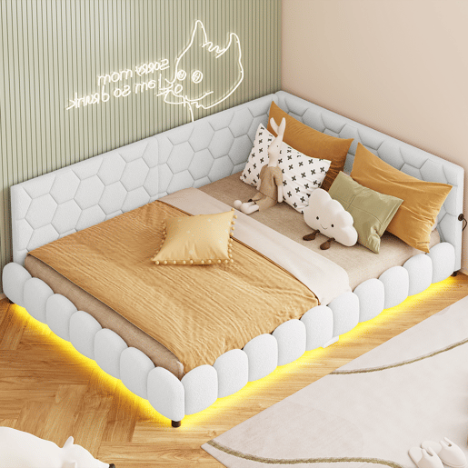 Cama de casal estofada de 140 x 200 cm com entrada para carregamento USB e iluminação LED para adolescentes e adultos, branca.