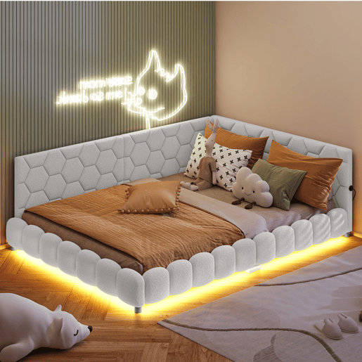 Cama de casal estofada de 140 x 200 cm com entrada para carregamento USB e iluminação LED para adolescentes e adultos, branca.