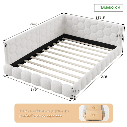 Cama de casal estofada de 140 x 200 cm com entrada para carregamento USB e iluminação LED para adolescentes e adultos, branca.