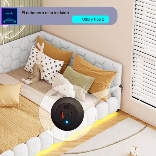 Cama de casal estofada de 140 x 200 cm com entrada para carregamento USB e iluminação LED para adolescentes e adultos, branca.