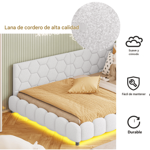 Cama de casal estofada de 140 x 200 cm com entrada para carregamento USB e iluminação LED para adolescentes e adultos, branca.