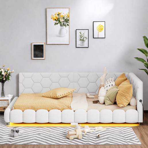 Cama de casal estofada de 140 x 200 cm com entrada para carregamento USB e iluminação LED para adolescentes e adultos, branca.