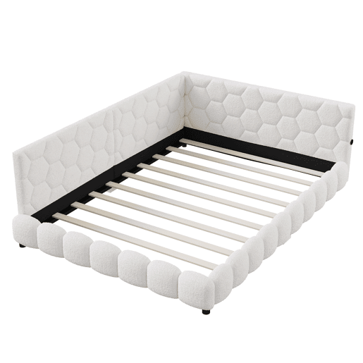 Cama de casal estofada de 140 x 200 cm com entrada para carregamento USB e iluminação LED para adolescentes e adultos, branca.