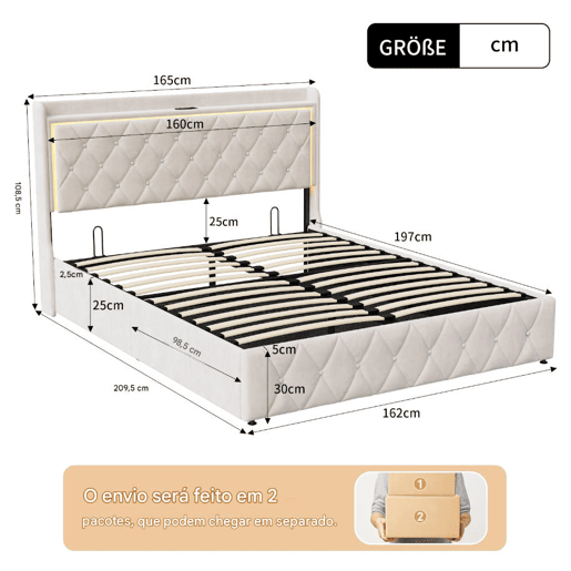 Cama estofada de 160x200 cm com mola a gás e espaço para arrumação, cabeceira com LED, revestimento em veludo, design Chesterfield, estrutura de ripas, bege. Cama estofada de 160x200 cm com mola a gás e espaço para arrumação, cabeceira com LED, revestimento em veludo, design Chesterfield, estrutura de ripas, bege.