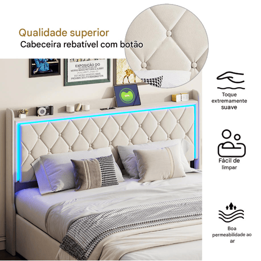 Cama estofada de 160x200 cm com mola a gás e espaço para arrumação, cabeceira com LED, revestimento em veludo, design Chesterfield, estrutura de ripas, bege. Cama estofada de 160x200 cm com mola a gás e espaço para arrumação, cabeceira com LED, revestimento em veludo, design Chesterfield, estrutura de ripas, bege.