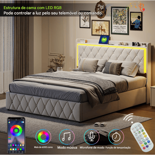 Cama estofada de 160x200 cm com mola a gás e espaço para arrumação, cabeceira com LED, revestimento em veludo, design Chesterfield, estrutura de ripas, bege. Cama estofada de 160x200 cm com mola a gás e espaço para arrumação, cabeceira com LED, revestimento em veludo, design Chesterfield, estrutura de ripas, bege.
