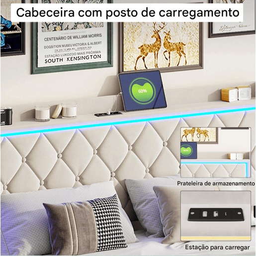 Cama estofada de 160x200 cm com mola a gás e espaço para arrumação, cabeceira com LED, revestimento em veludo, design Chesterfield, estrutura de ripas, bege. Cama estofada de 160x200 cm com mola a gás e espaço para arrumação, cabeceira com LED, revestimento em veludo, design Chesterfield, estrutura de ripas, bege.