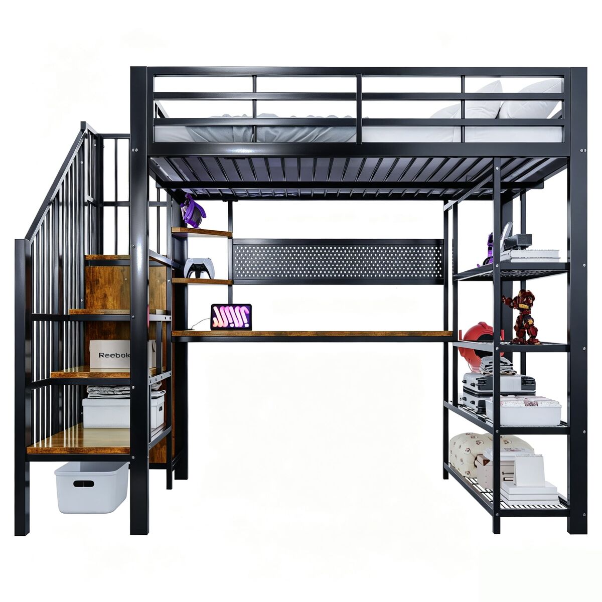 Cama alta metálica 140x200 - escritorio largo, panel perforado, estantes múltiples, luz led, enchufe euro, barandilla alta - negro