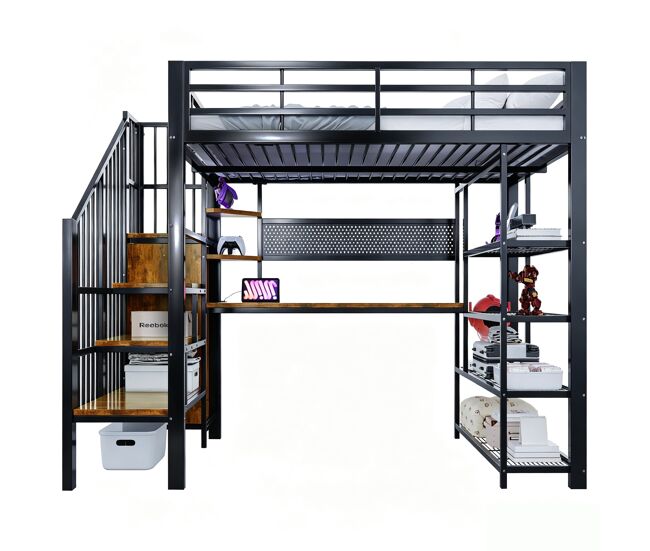 Cama alta metálica 140x200 - escritorio largo, panel perforado, estantes múltiples, luz led, enchufe euro, barandilla alta - negro