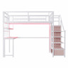 Cama alta metálica 140 x 200 cm - com escada com espaço de arrumação, roupeiro, prateleiras, mesa, estante em rede, faixa de luz e tomada - branca